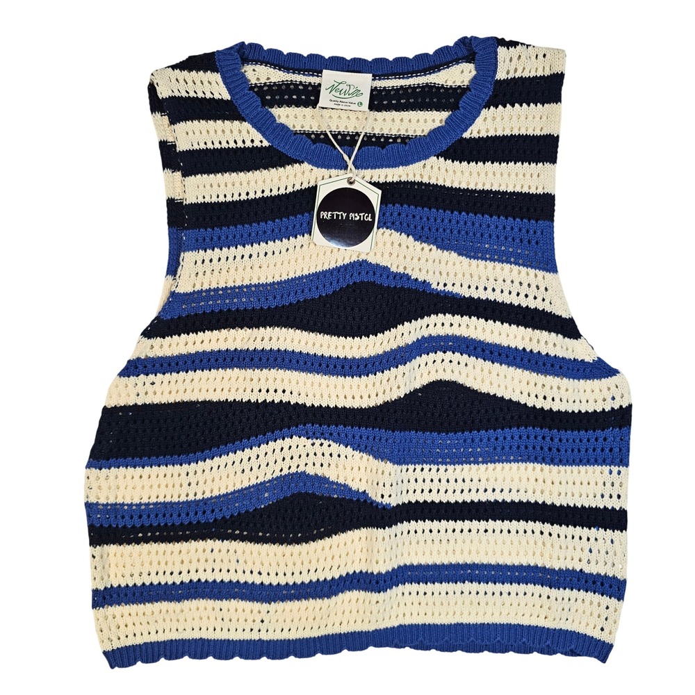 New View Women Blue Cream Wavy Stripe Pointelle Knit SweaterVest Scalloped Large